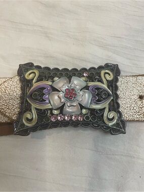 Vintage Genuine Leather Boho Belt Floral Rhinestone Statement Buckle L/G